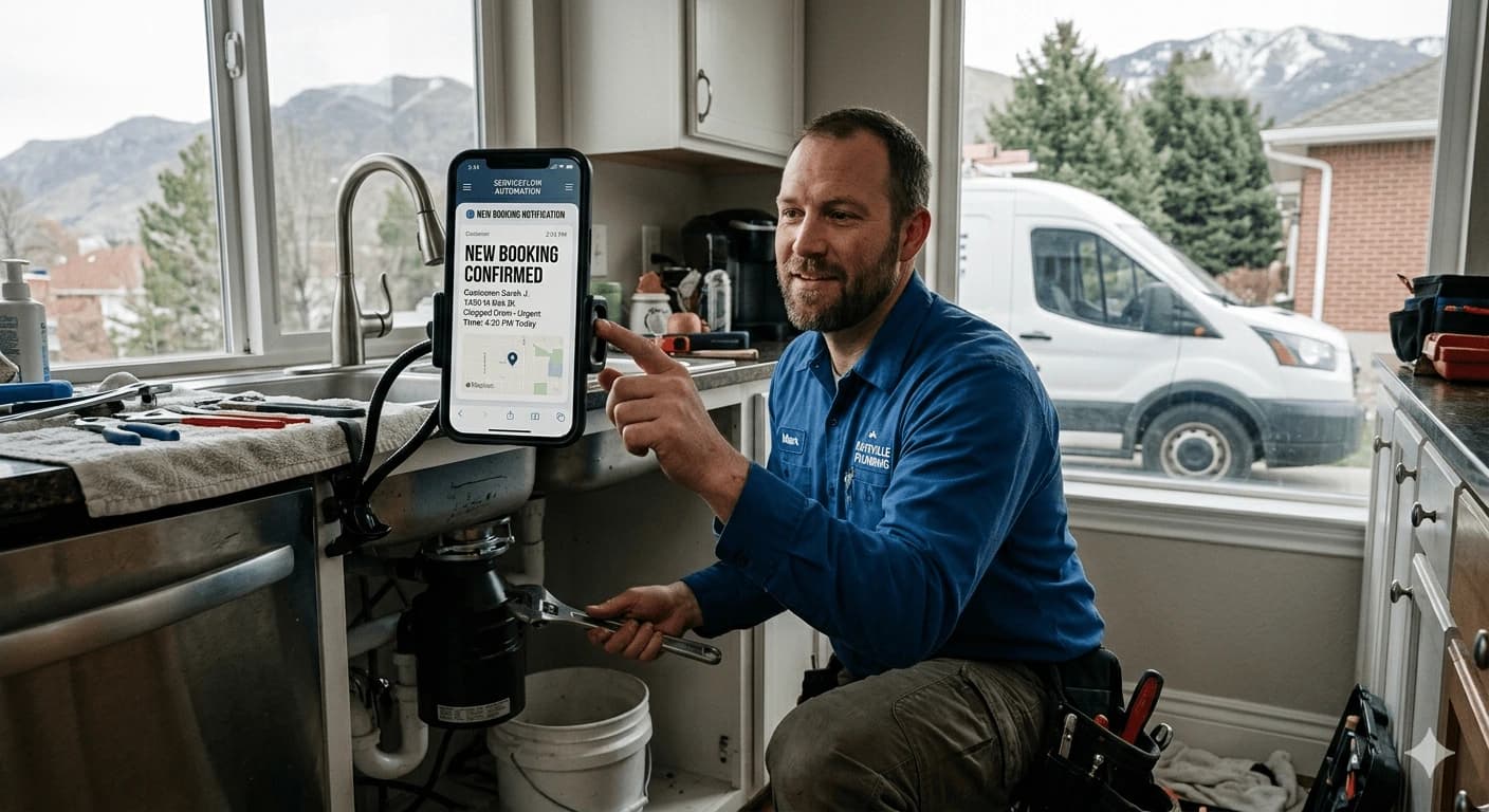 Plumber on the job receiving automated booking notifications